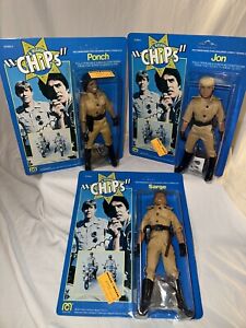Vintage 8” Mego CHiPs Action Figures. Ponch, Jon, Sarge. NOC. Unpunched. HTF