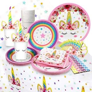 Girls Unicorn Birthday Party Kit Tableware Plates Cups Napkins Straws Tablecloth