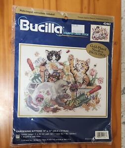 New ListingBucilla stamped cross stitch vtg 1999 Gardening Kittens #42463 NEW Sealed