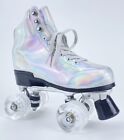 WOMENS ROLLER SKATES SILVER HOLOGRAPHIC COLOR FLASHING LIGHT WHEELS