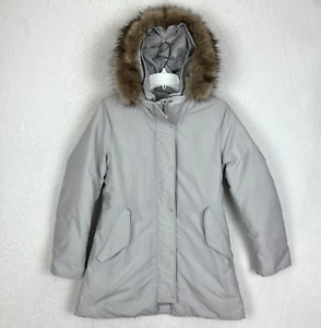 Uniqlo Womens Jacket Size Medium Light Gray Parka Hooded Faux Fur