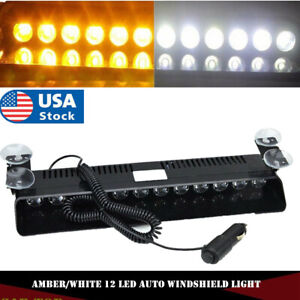 White Amber 12 LED Car Warning Lamp Dash Emergency Strobe Flash Light Bar 12V