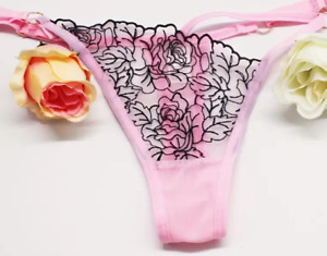 Baby Pink Floral Embroidered Mesh Thongs Hot Sexy Sissy Naughty OSFM (XS - L)