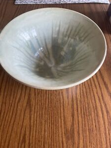 Hand Thrown Studio Art Pottery Green Drip Bowl 10 1/2