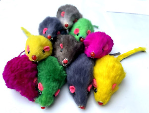 Set of 10 Cat Toy Rattling Fuzzy Mice w Tail Assorted Colors