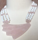 Vintage Rose Quartz Necklace OVERSIZE FLAT carved Pendant Deco Abstract - AS IS