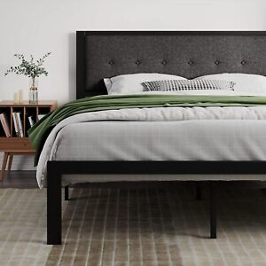 King Size Bed Frame with Upholstered Button Tufted Square Stitched Headboard