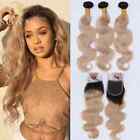 Ombre 1B 27 Human Hair Bundles with Closure HD Lace 1/3 Bundle with Dark Roots