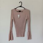 Lord and Taylor Womens Viscose/Wool Ribbed Top Size M Bell Sleeve Blush Pink NWT