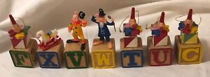 Vintage Wood Letter Block Ornaments Lot of 7 Jack-in-Box Rocking Horse Clown
