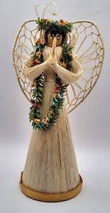 Vintage Handmade Hawaii Straw Praying Angel Leis Figurine Doll Ornament Wings 6