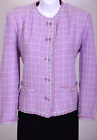 ST.JOHN Women's Knit Fringed Trim Purple Blue White Tweed Jacket Sz 16