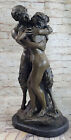 FRENCH SIGNED BRONZE SCULPTURE GIRL WITH FAUN LOST WAX METHOD ARTWORK DECORATIVE