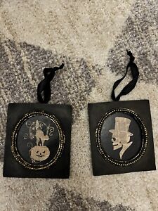 Bethany Lowe Halloween Silhouette Skeleton And Cat On Pumpkin Ornaments