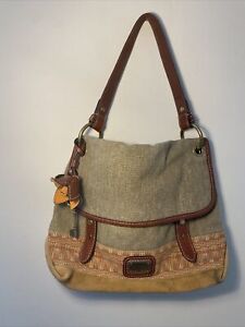 Fossil Long Live Vintage 1954 Brown Shoulder Handbag Canvas And Leather