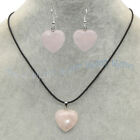 20mm Natural Pink Rose Quartz Heart Pendant Necklace Earrings Black Leather Rope