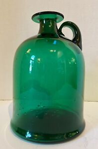 Vintage Large Green Glass Bottle/Jug with Handle, Unique Skirted Base, Exc Cond.