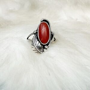 Old Pawn 925 Coral Ring Sterling Silver Feather Sz 5.5 Vintage Native American