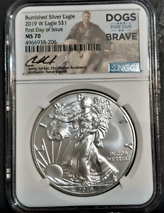 2019-W $1 Burnished American Silver Eagle NGC MS70 FDOI Dogs For Our Brave Label