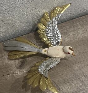 Vintage Flock Bird Clip Ornament Gold Silver Foil Wings Red Eyes