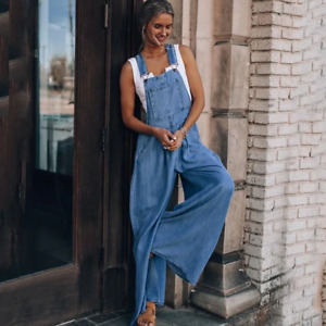 Summer Overalls for Women Blue Denim One-Piece Jumpsuits Loose Wide-Leg with Poc