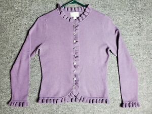 Pure Collection 100% Cashmere Sz 4 Cardigan Purple Button Sweater with Frills A2