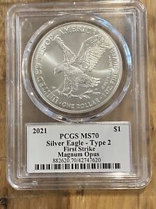 2021 American Silver Eagle Type 2 First Strike PCGS MS70, Magnum Opus, 424