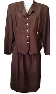 New Andrea Viccaro Women's Petite 6P Brown 100% Silk Blouse Skirt Suit Set