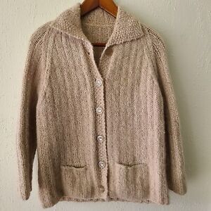 Vintage Hand Cable Knit Cardigan Wool Sweater 3/4 Raglan Sleeves ~ Medium