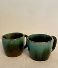 Blue Mountain Pottery Coffee Tea Mugs Teal Blue Brown Drip Glaze Red Clay Set 2