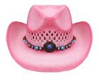 Adult Pink Straw COWBOY HAT w/ Turquoise Blue Beads Shapeable WESTERN Cowgirl