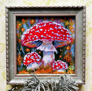 Oil Painting Original Fly Agaric Mushrooms Art - Impressionism Artwork Framed