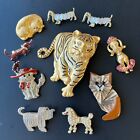 Vintage Cats & Dogs Figural Brooch Pin Lot Enamel Poodle Tiger MOP Dachshund A70