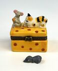 New ListingPorcelain Hinged Trinket Box Cat And Moose On Slice Of Cheese With Mouse Trinket