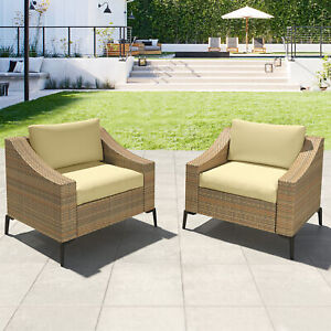 2Pcs Patio Rattan Furniture Set Outdoor Cushioned Sectional Sofa Chair Armrest