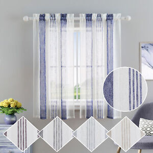 2pcs Kitchens Curtains Vertical Striped Sheer Cafe Window Curtains Rod Pocket