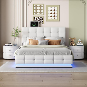 Queen Bedroom Set: Upholstered Bed, Storage, LED, Charging, Two Nightstands