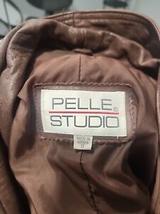 100% LEATHER Pelle Studio Long Leather Brown Trench Coat Womens-Size Small 5029