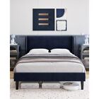 Full Queen King Size Bed Frame with 2 Storage Pocket and Wingback Headboard