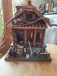 Vintage RUSTIC LOG CABIN Wooden  Birdhouse 10-1/2  Tall  VERY DETAILED with Dog,