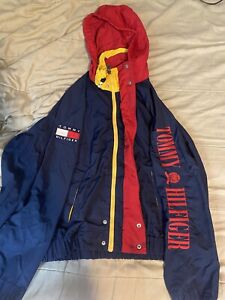 Vintage Tommy Hilfiger Jacket Mens Large Spellout On Sleeve Flag Logo With Hood