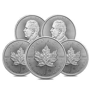 Lot of 5 - 2024 1 oz Canadian Silver Maple Leaf Coin BU