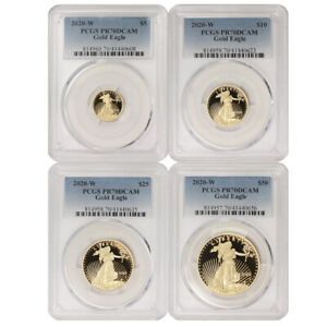Set of 4 2020-W Gold Eagle PCGS PR70DCAM Deep Cameo Proof American Eagles Coins