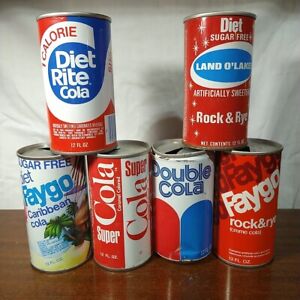 Lot 116 6 vintage steel pull top soda pop cans.  Faygo super land o'lakes double