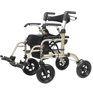 10” Deluxe ELENKER Rollator Walker 2 in 1 Medical Aid Wheelchair Transport Chair