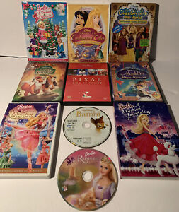 CHILDRENS DVD LOT 10 MIXED Princess Barbie Aladdin Pixar Short Films Fox &Hound