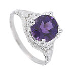 14k White Gold Finish Round Cut Amethyst Antique-Style Floral Ring