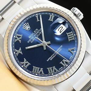 MENS ROLEX DATEJUST BLUE ROMAN 18K WHITE GOLD & SS WATCH w/OYSTER BAND