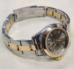 1997 Rolex 18K Oyster Perpetual Ladies Watch 24mm Silver Dial Two Tone #67183