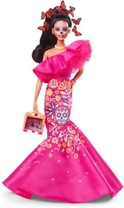 Barbie 2023 Día De Muertos Barbie Doll Wearing Ruffled Pink Gown and Holding Tin